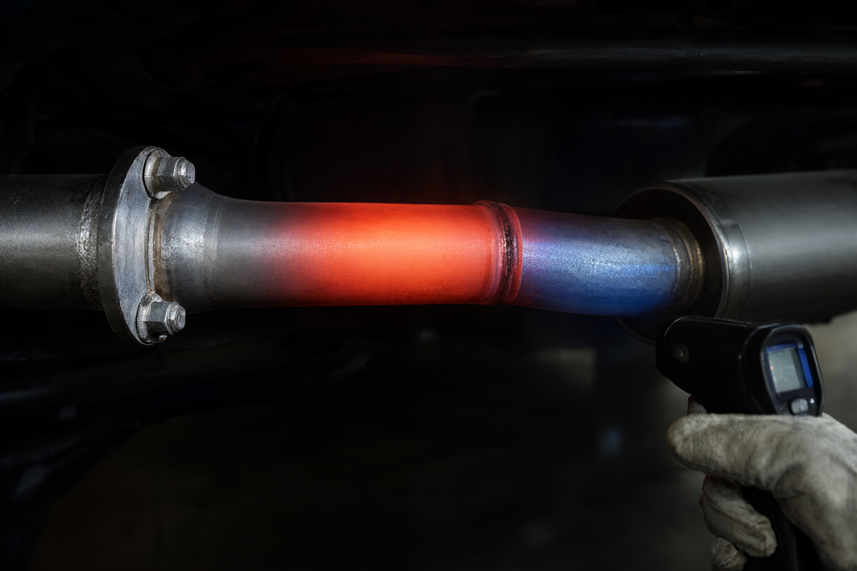 Aluminized steel exhaust pipe glowing with heat while checked with an infrared thermometer