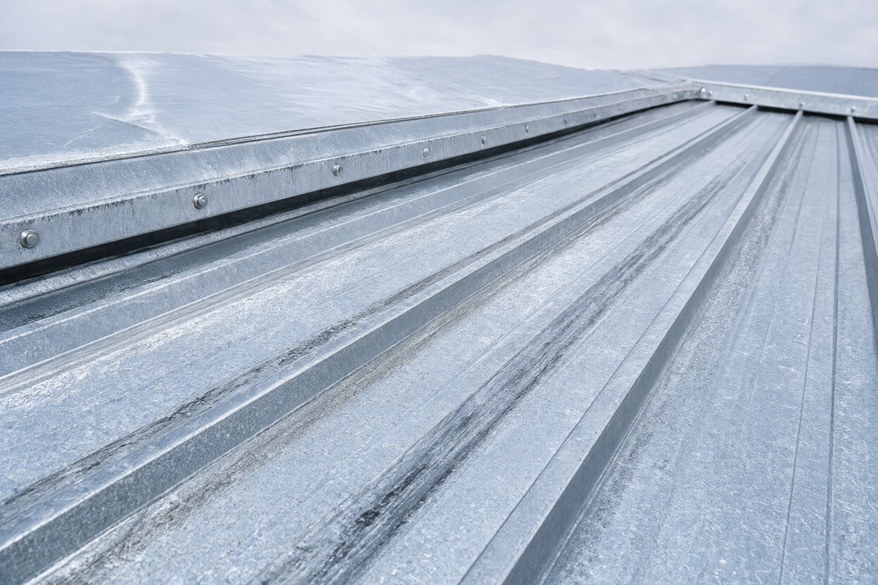Corrugated galvanized steel roofing with zinc spangle and rain beads after a shower