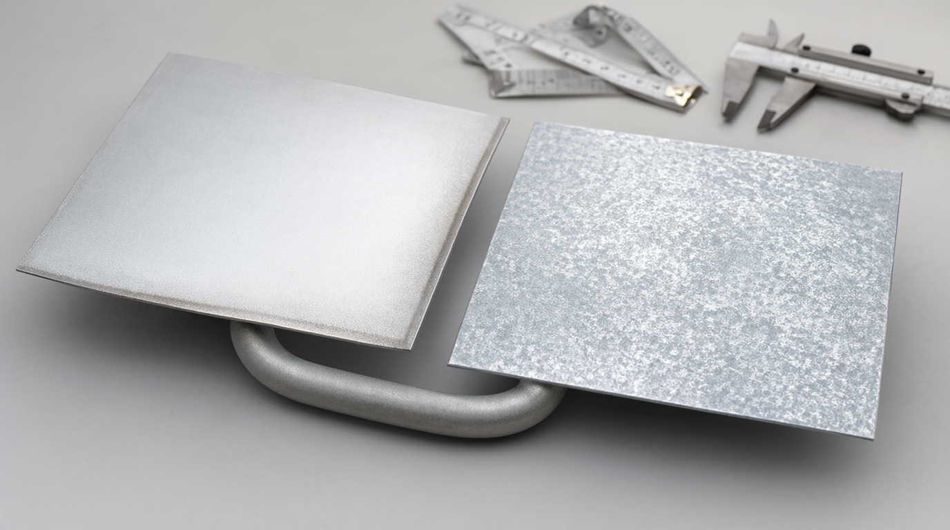 Aluminized steel sheet and galvanized steel sheet compared side by side with an exhaust pipe