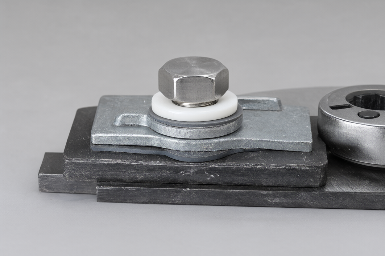 Stainless steel bolt isolated from a carbon steel plate with a nylon washer and neoprene gasket