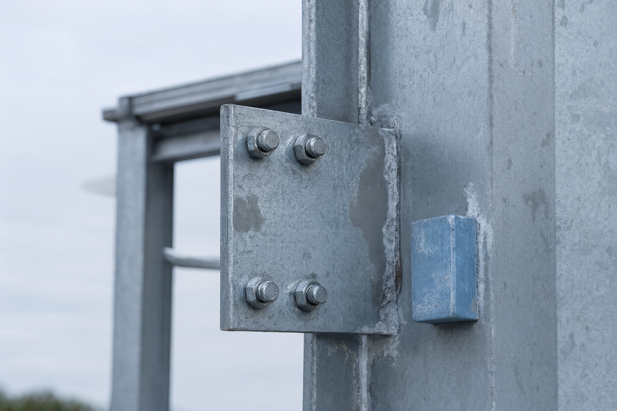 Zinc sacrificial anode bolted to a galvanized steel joint with stainless steel bolts