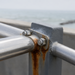 Rust bleeding from a carbon steel post bolted to a stainless steel handrail at the coast