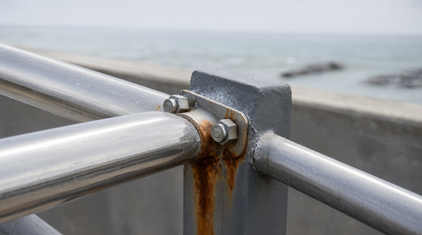 Rust bleeding from a carbon steel post bolted to a stainless steel handrail at the coast