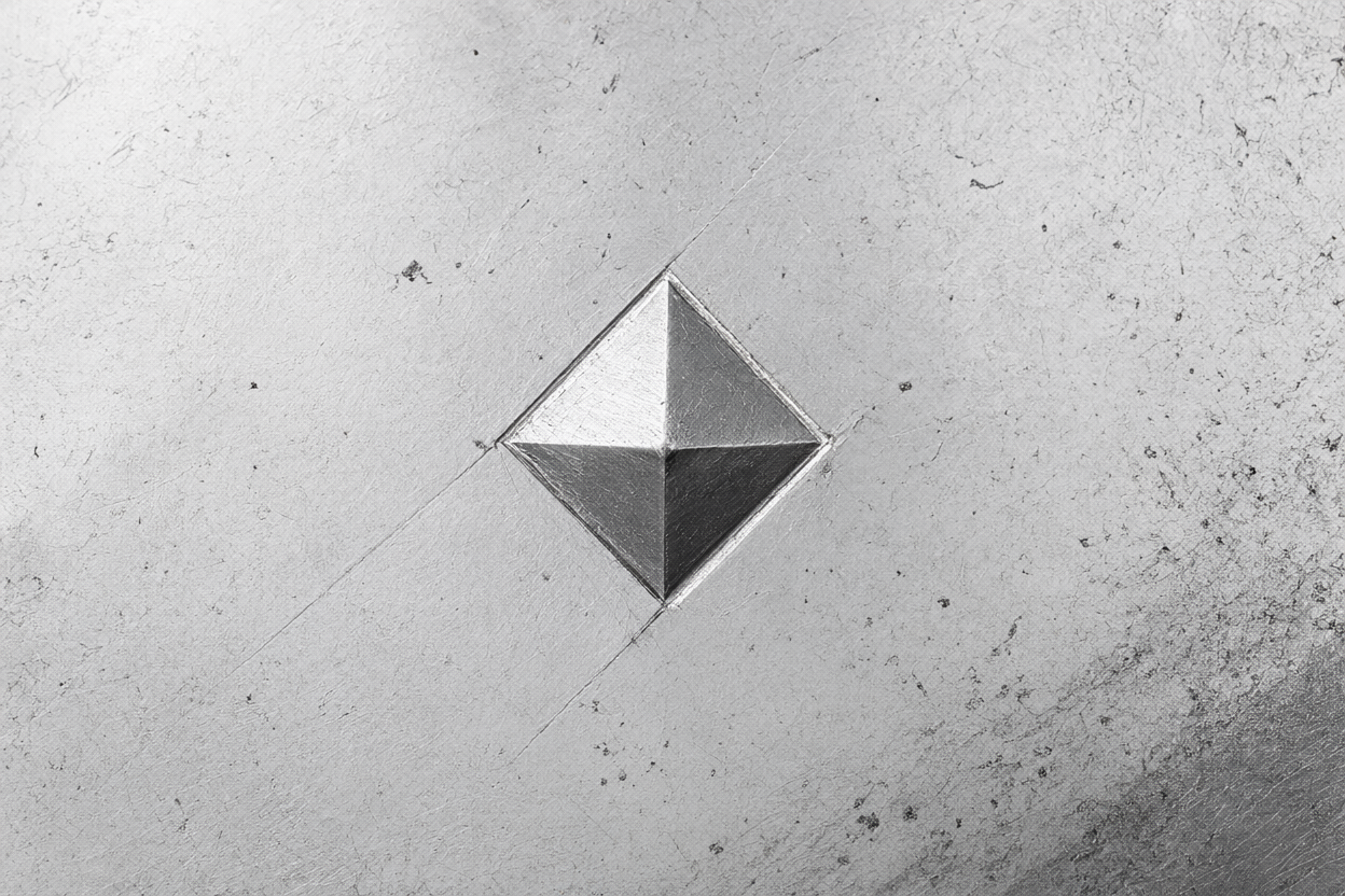 Vickers hardness indentation viewed under a metallographic microscope on polished steel