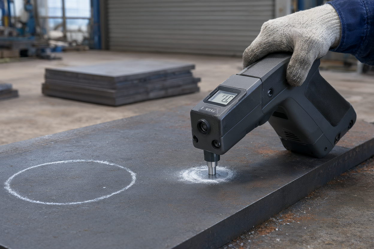 Portable hardness tester pressed against a ground spot on a large steel plate in a workshop