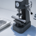 Rockwell hardness tester measuring a polished steel bar in a laboratory