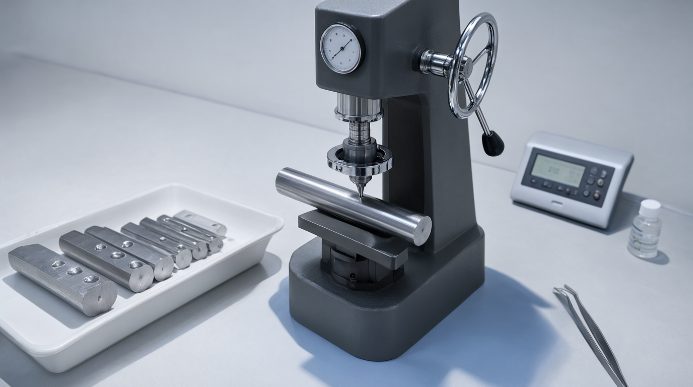 Rockwell hardness tester measuring a polished steel bar in a laboratory