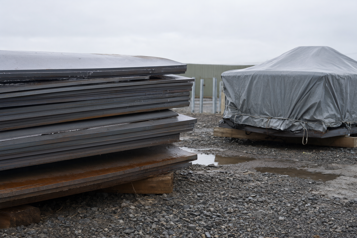 Hot-rolled steel sheets on timber dunnage and a ventilated tarpaulin in an outdoor yard