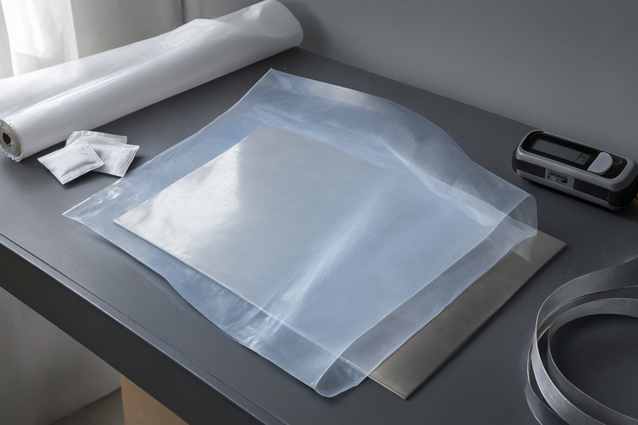 VCI film, desiccant sachets, interleaving paper and a hygrometer for steel storage protection