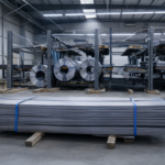 Steel sheets and coils stored on racks in a clean, dry warehouse