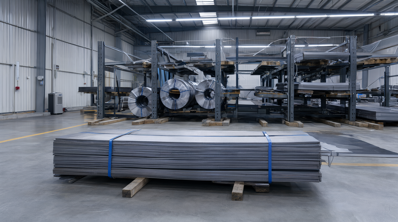 Steel sheets and coils stored on racks in a clean, dry warehouse
