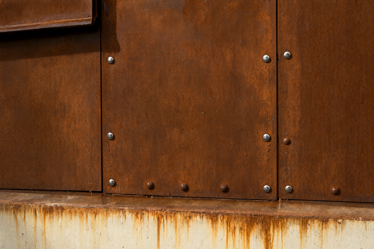Corten weathering steel facade panel with rust run-off staining on a concrete plinth