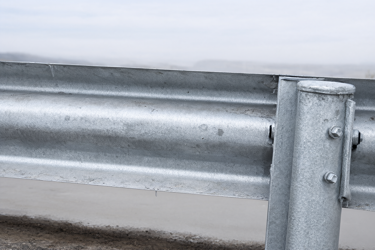 Hot-dip galvanized steel guardrail with crystalline zinc spangle beside a road