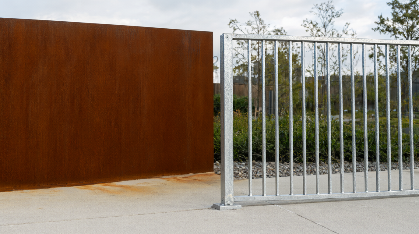Weathering steel wall with rust patina beside a bright galvanized steel railing